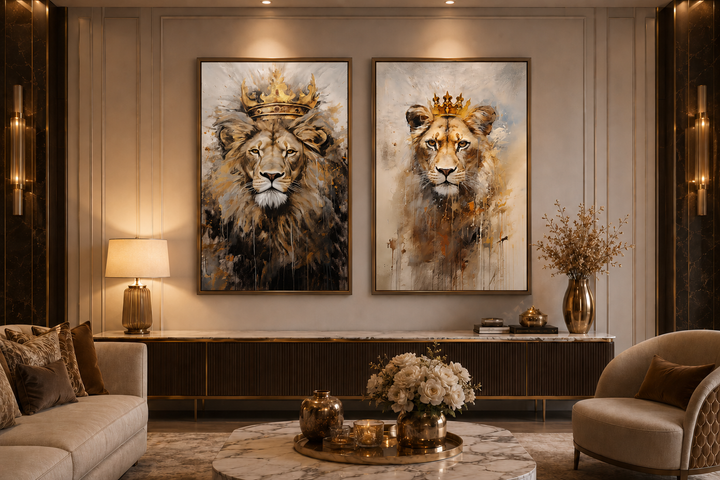 Set of two framed canvas prints featuring a lion and lioness wearing gold crowns in a living room.