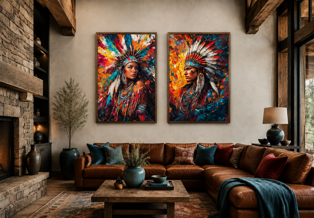 Set of 2 colorful canvas portraits of an Indigenous man and woman in traditional headdresses.