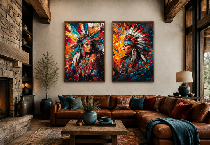 Set of 2 colorful canvas portraits of an Indigenous man and woman in traditional headdresses.