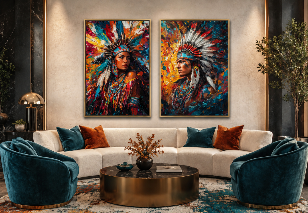 Set of 2 Native American canvas wall art featuring colorful portraits of an indigenous man and woman