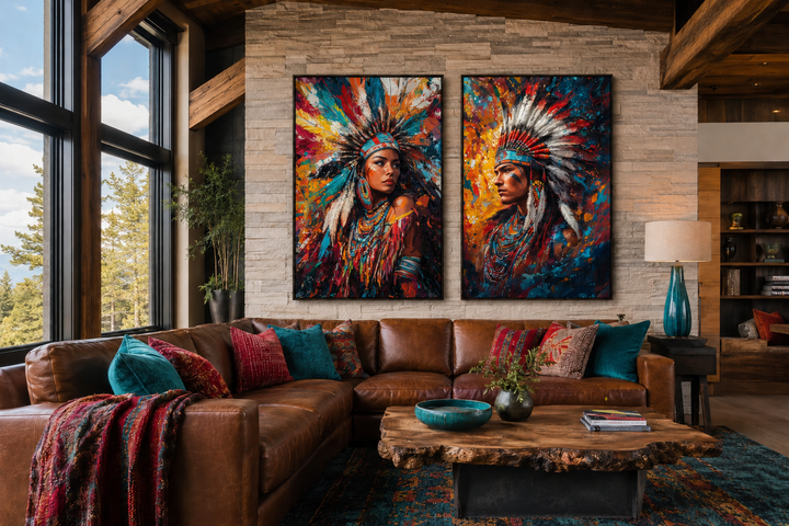 Set of 2 vibrant Native American canvas wall art portraits of an Indigenous man and woman.