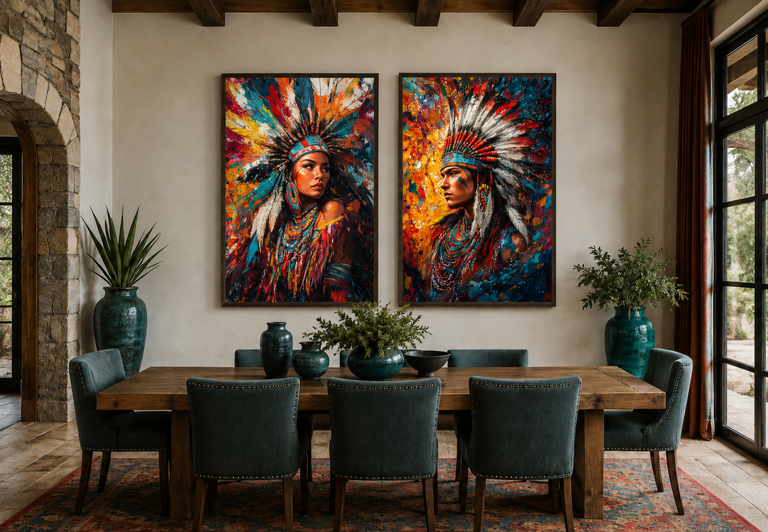 Set of 2 colorful Native American portraits of a man and woman in traditional headdresses.