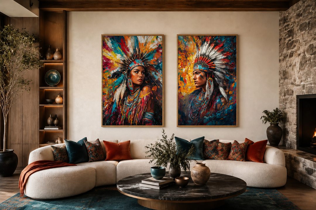 Set of 2 colorful canvas wall art portraits of an Indigenous man and woman in traditional attire.