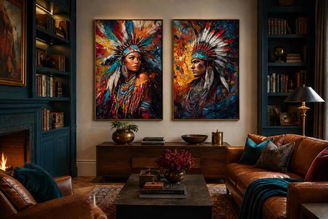 Set of 2 vibrant canvas wall art portraits of an Indigenous man and woman in traditional headdresses.