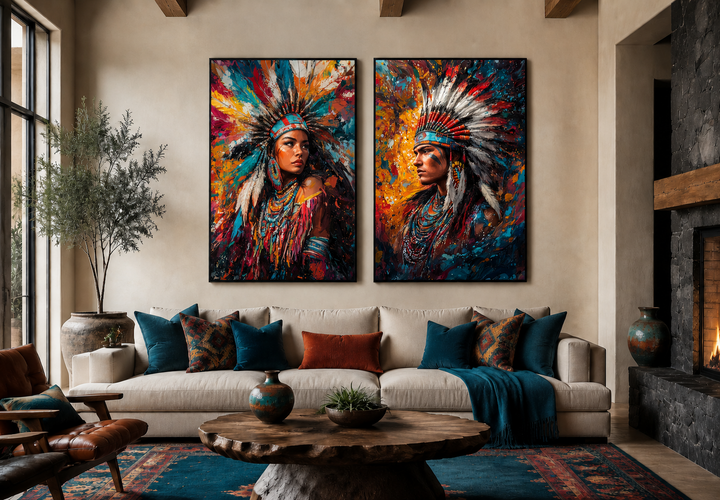 Set of 2 colorful canvas wall art portraits of an Indigenous man and woman in traditional headdresses