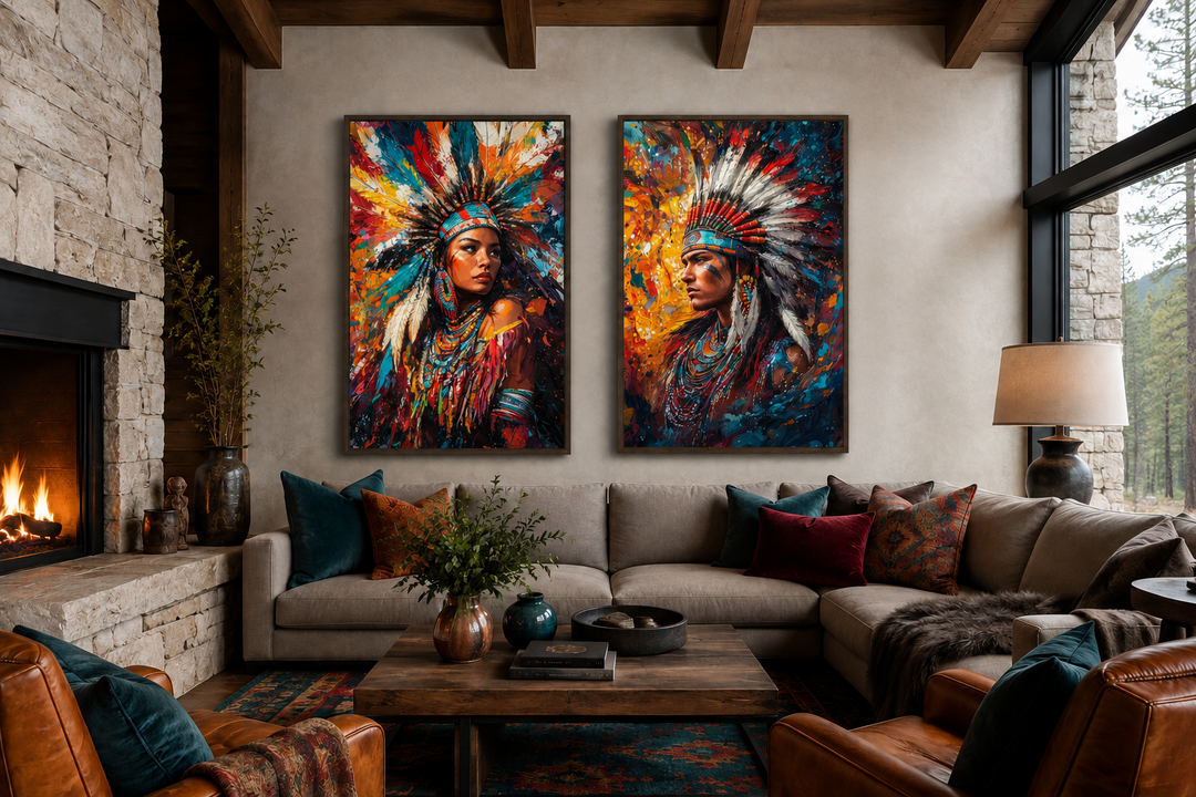Set of 2 colorful canvas portraits of an Indigenous man and woman in traditional headdresses.