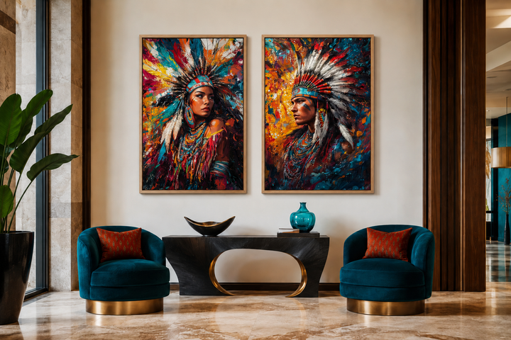 Set of two colorful canvas portraits of an indigenous man and woman in traditional headdresses.