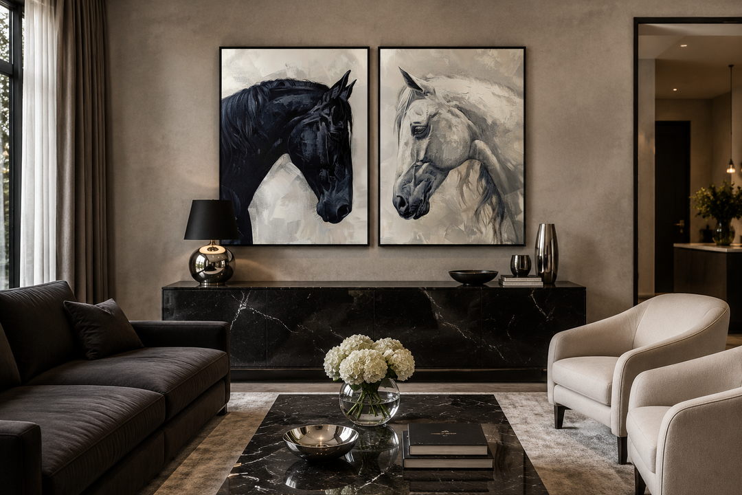Set of 2 framed canvas wall art pieces featuring black and white horse portraits in a living room.