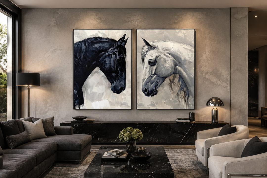 Set of 2 framed canvas prints featuring black and white horse portraits in a modern living room.