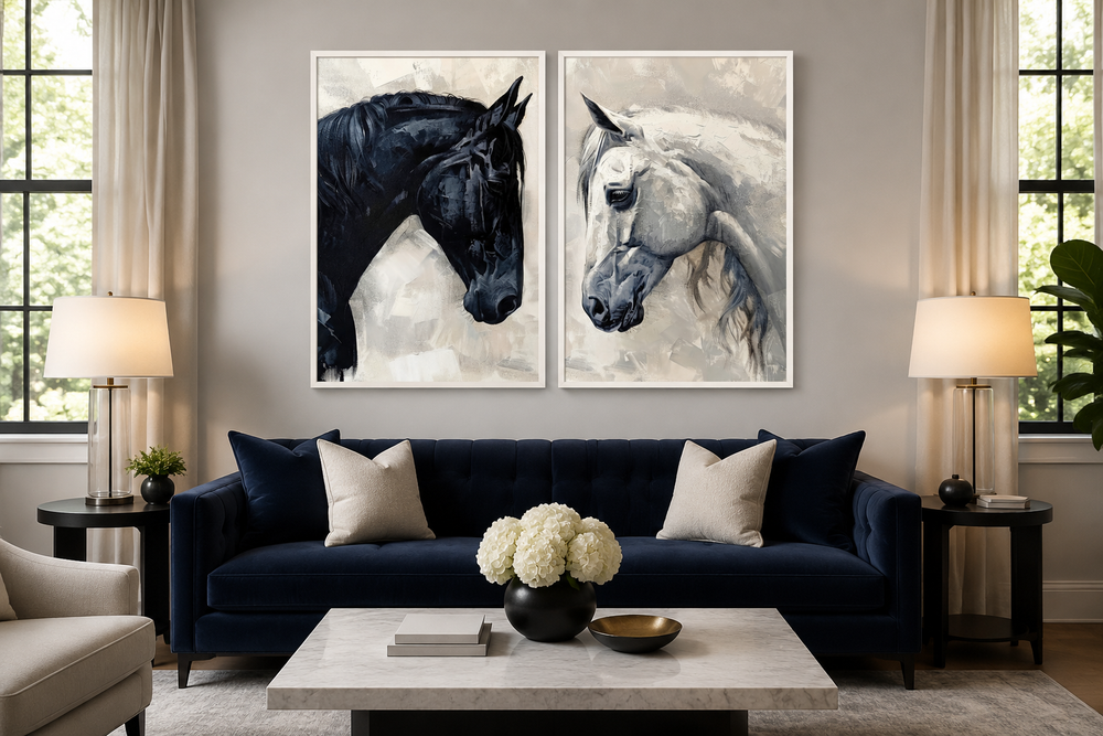 Set of 2 framed canvas wall art featuring black and white horse portraits facing each other.