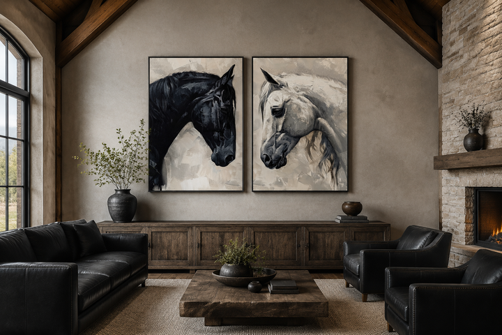 Set of 2 framed canvas prints featuring black and white horse portraits in a rustic living room.