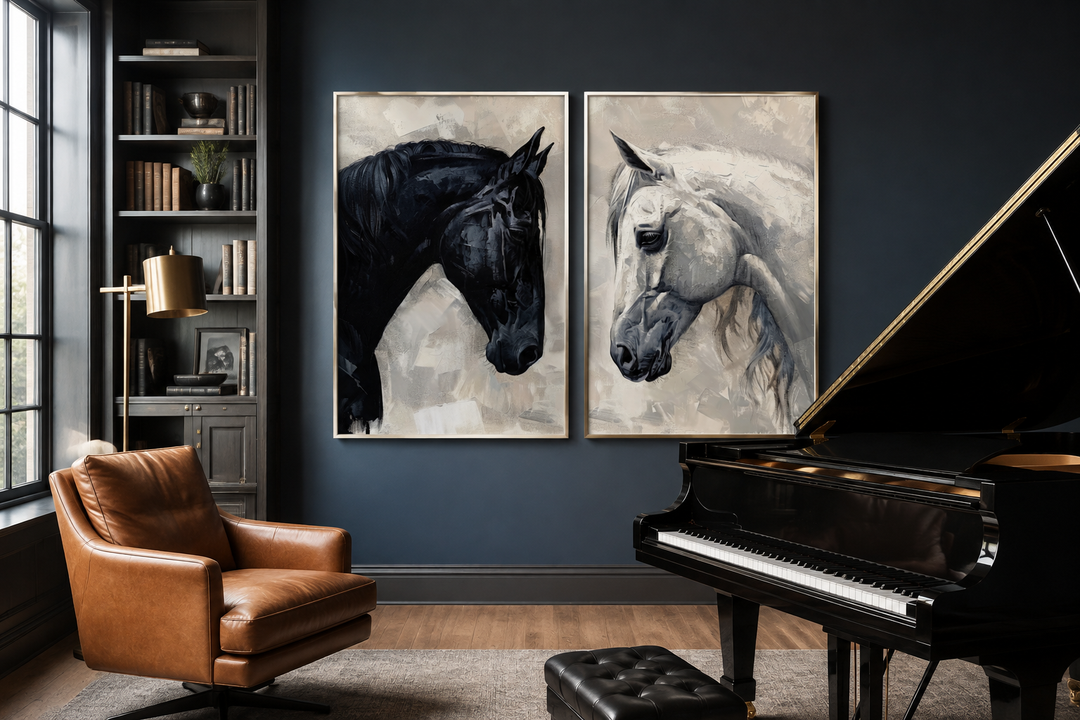 Set of 2 framed canvas prints featuring black and white horse portraits in a dark blue room.