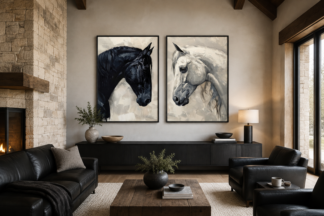 Set of 2 black and white horse paintings in black frames hanging above a modern black sideboard.