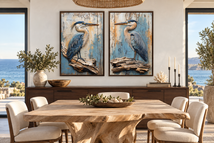 Set of 2 framed canvas prints featuring blue herons on driftwood with a rustic wood background.