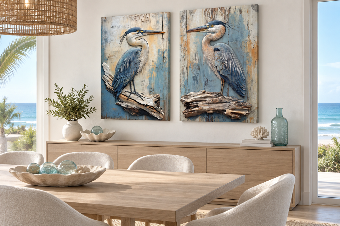 Set of 2 rustic blue heron canvas prints on driftwood over a wooden sideboard in a coastal room.