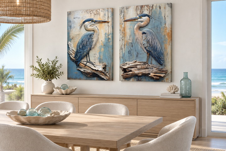 Set of 2 rustic blue heron canvas prints on driftwood over a wooden sideboard in a coastal room.
