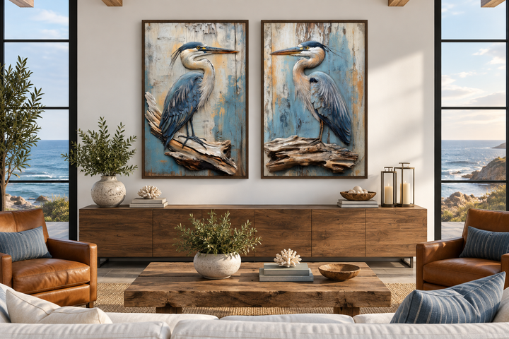 Set of 2 framed canvas prints featuring blue herons on driftwood with a weathered wood background.