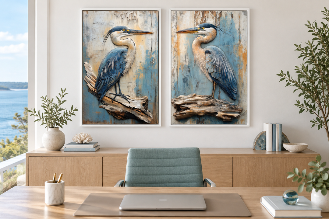 Set of 2 framed canvas wall art featuring blue herons on driftwood with a distressed wood background.