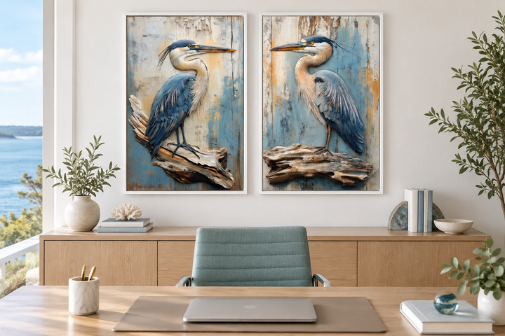 Set of 2 framed canvas wall art featuring blue herons on driftwood with a distressed wood background.