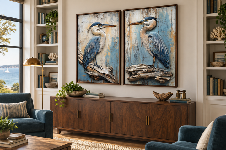 Set of 2 framed canvas wall art featuring blue herons on driftwood with a rustic blue background.