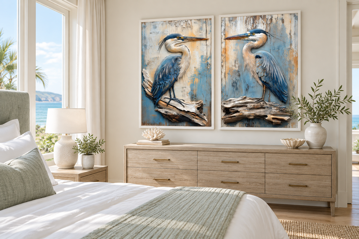 Set of 2 framed canvas prints featuring blue herons on driftwood with a distressed blue background.