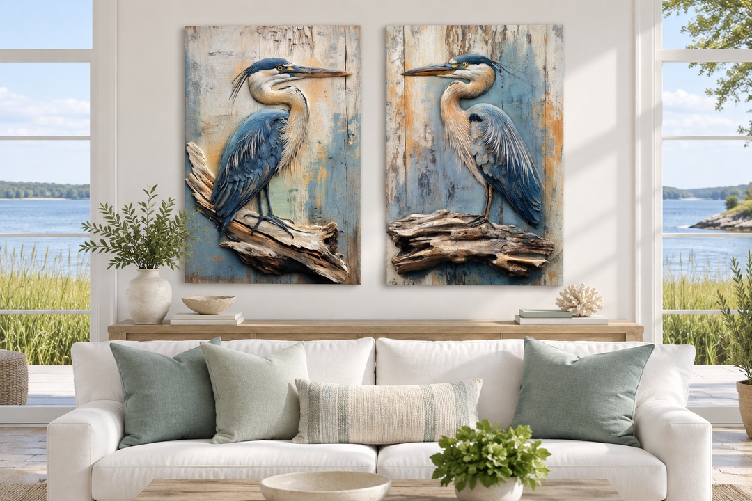 Set of 2 rustic blue herons on driftwood framed canvas wall art above a white sofa.