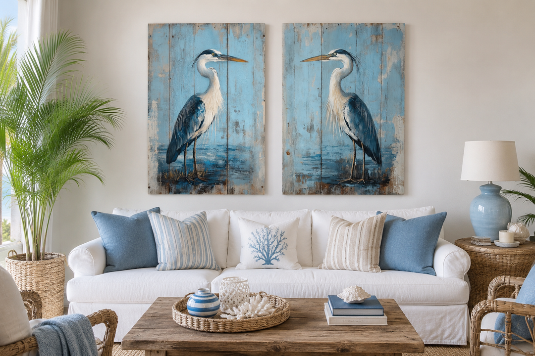 Set of 2 rustic blue heron paintings on wood-textured canvas displayed above a white sofa.