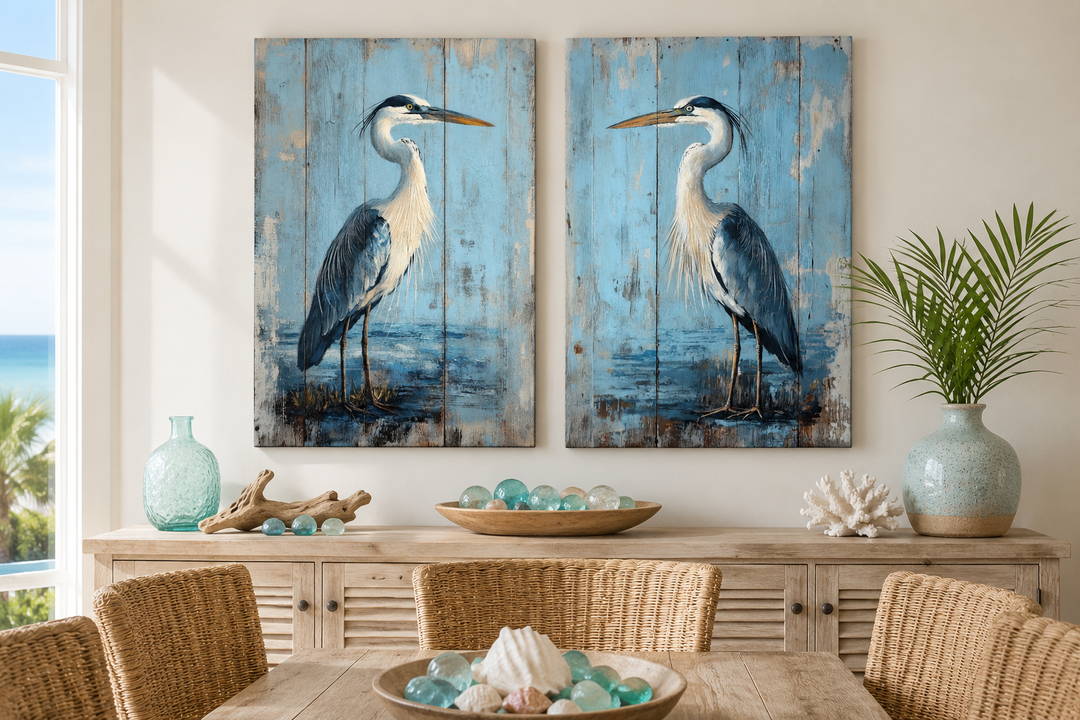 Set of 2 rustic blue heron paintings on weathered wood canvas displayed above a wooden sideboard.