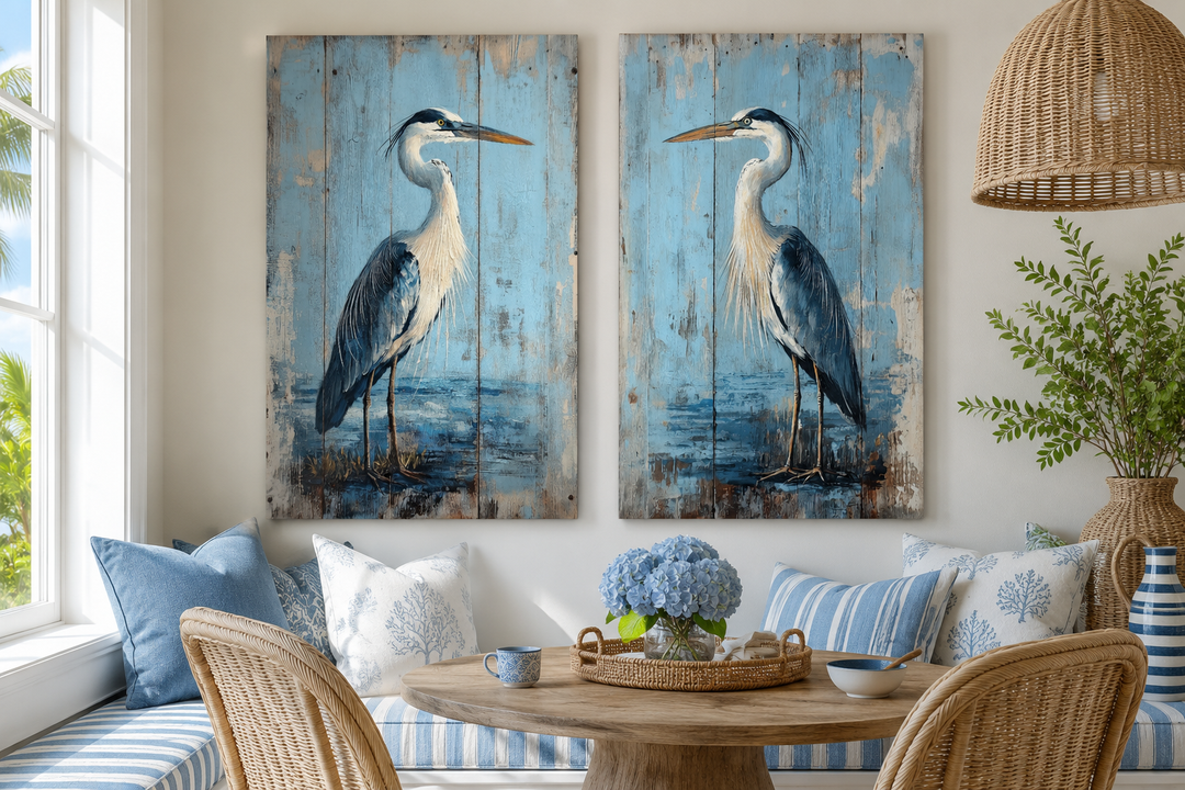 Set of 2 rustic blue heron paintings on wood-textured canvas in a coastal dining nook.