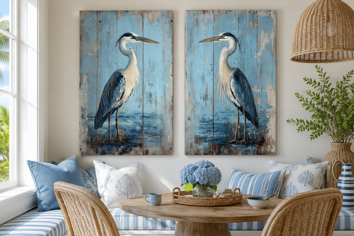 Set of 2 rustic blue heron paintings on wood-textured canvas in a coastal dining nook.