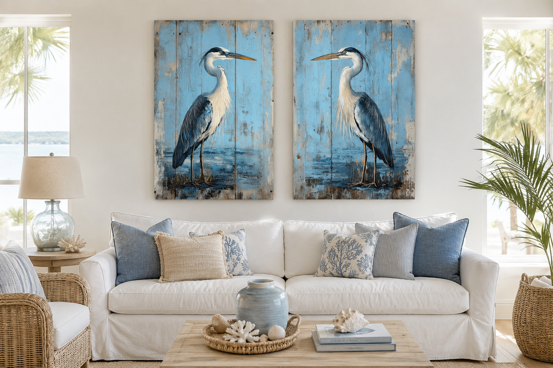 Set of 2 rustic blue heron paintings on wood-textured canvas above a white sofa in a coastal room.