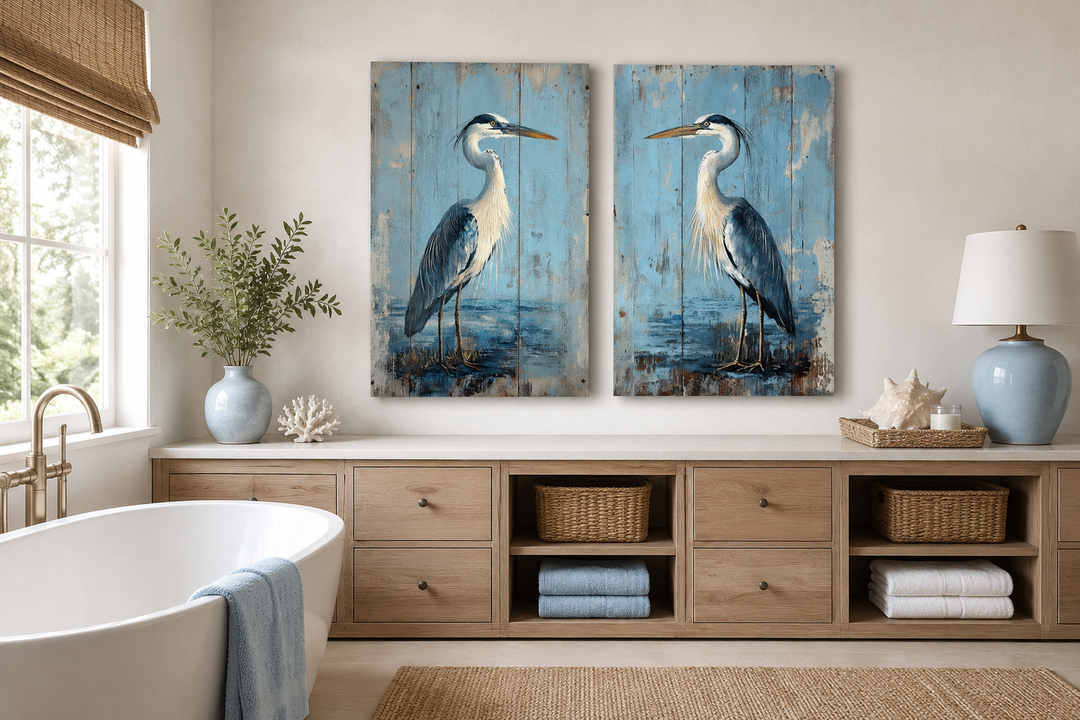 Set of 2 rustic blue heron paintings on weathered wood-textured canvas in a coastal bathroom.