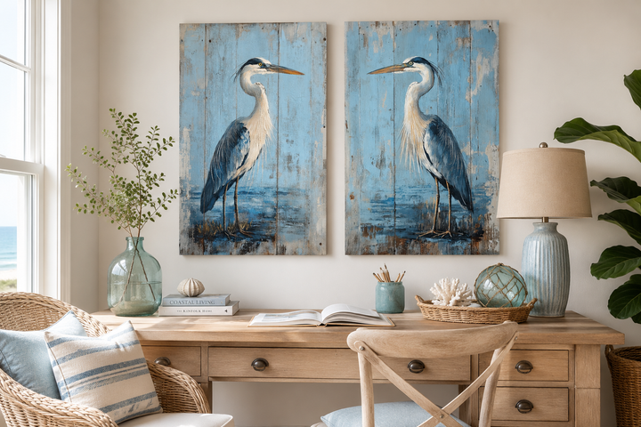 Set of 2 rustic blue heron paintings on wood-textured canvas displayed above a wooden desk.