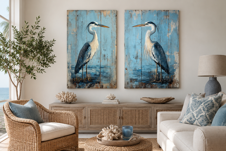 Set of 2 rustic blue heron paintings on weathered wood-textured canvas in a coastal living room.