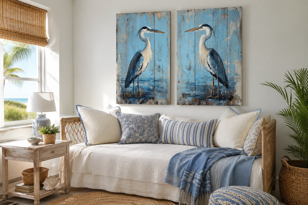 Set of 2 rustic blue heron paintings on wood-textured canvas wall art in a coastal living room.