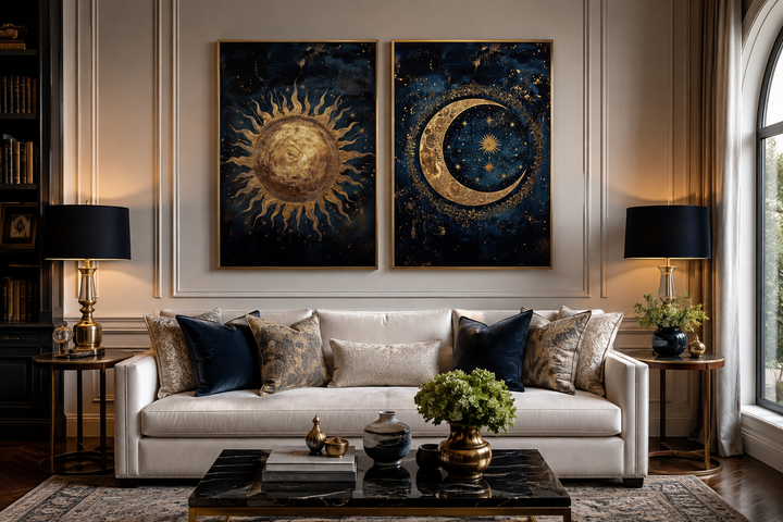 Set of two navy blue and gold framed canvas wall art featuring celestial sun and moon designs.
