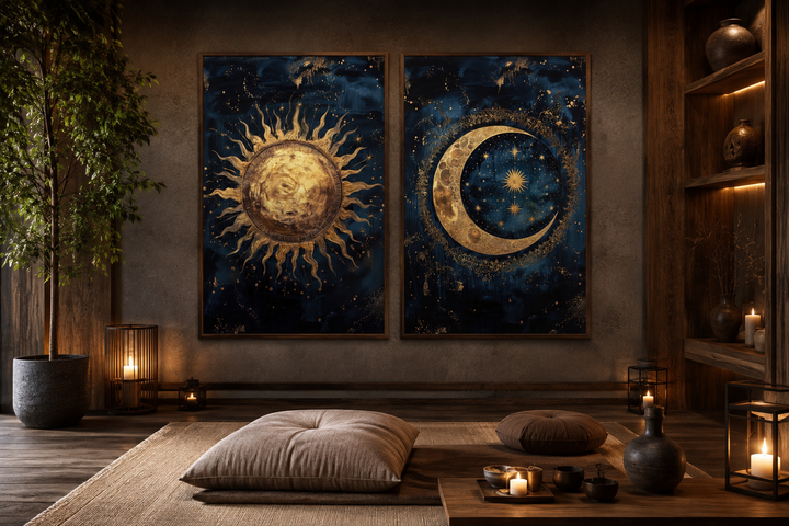 Sun and moon set of 2 navy blue and gold framed canvas wall art in a serene, candlelit room.