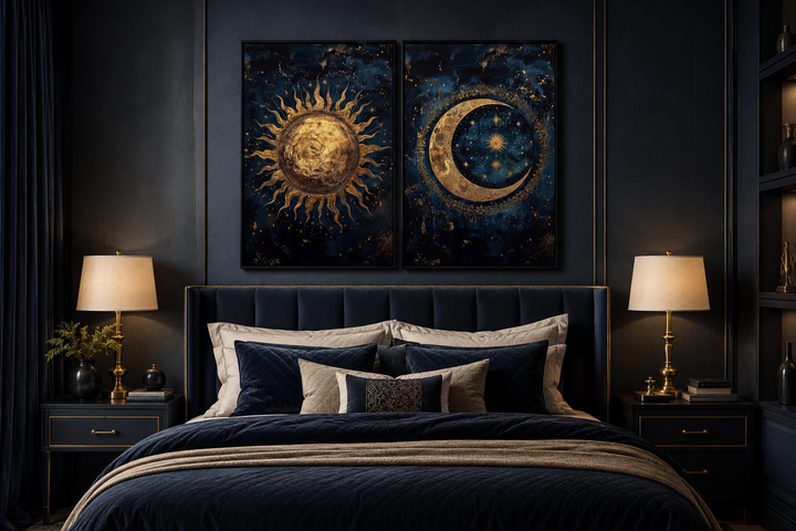 Set of 2 framed canvas wall art featuring a gold sun and moon on a navy blue celestial background.