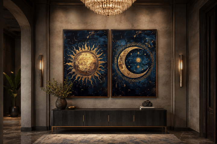 Sun and moon set of 2 navy blue and gold framed canvas wall art in a modern interior setting.