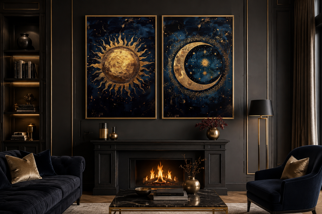 Set of 2 framed canvas wall art featuring a gold sun and moon on a navy blue celestial background.