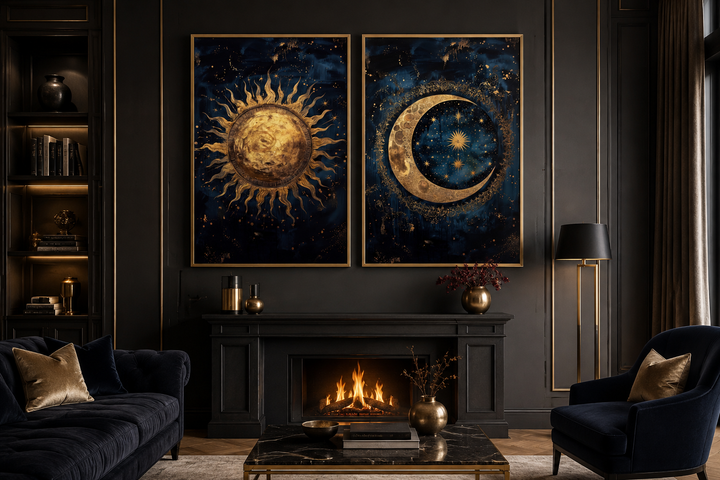 Set of 2 framed canvas wall art featuring a gold sun and moon on a navy blue celestial background.