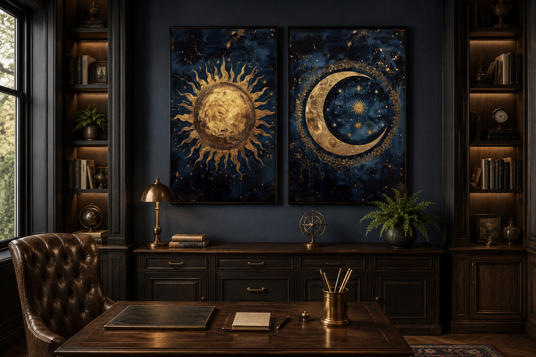 Set of 2 framed canvas wall art featuring a gold sun and crescent moon on navy blue backgrounds.