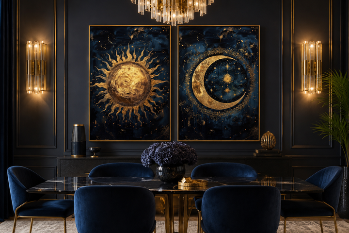 Sun and moon set of 2 navy blue and gold framed canvas wall art in a modern dining room.