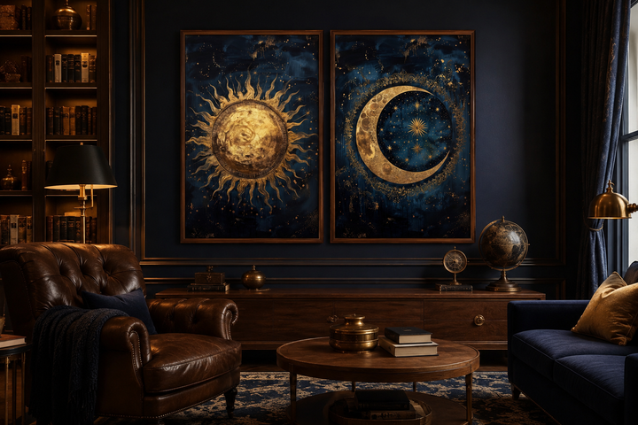 Sun and moon set of 2 navy blue and gold framed canvas wall art in a dark study room.