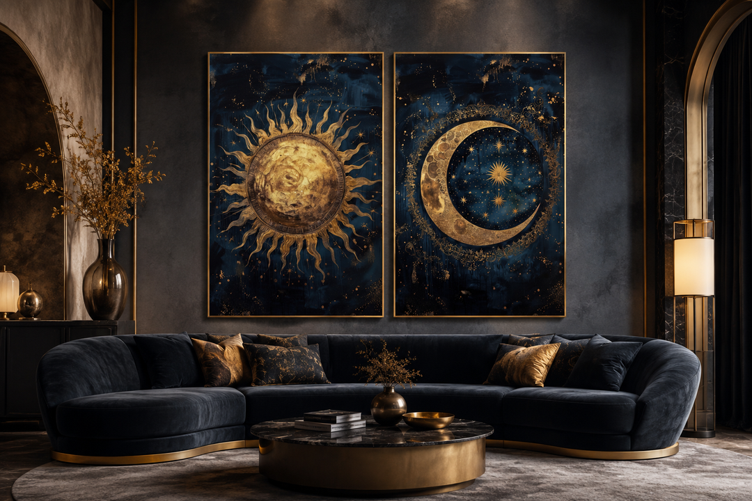Sun and moon set of 2 navy blue and gold framed canvas wall art above a dark velvet sofa.