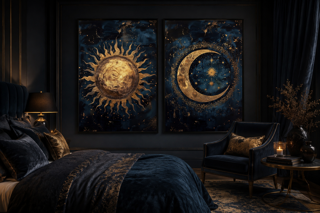 Set of 2 framed canvas wall art featuring a gold sun and crescent moon on navy blue backgrounds.