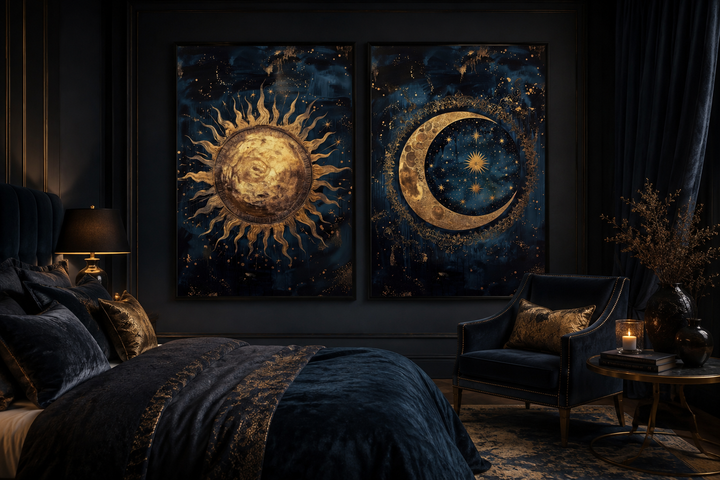 Set of 2 framed canvas wall art featuring a gold sun and crescent moon on navy blue backgrounds.
