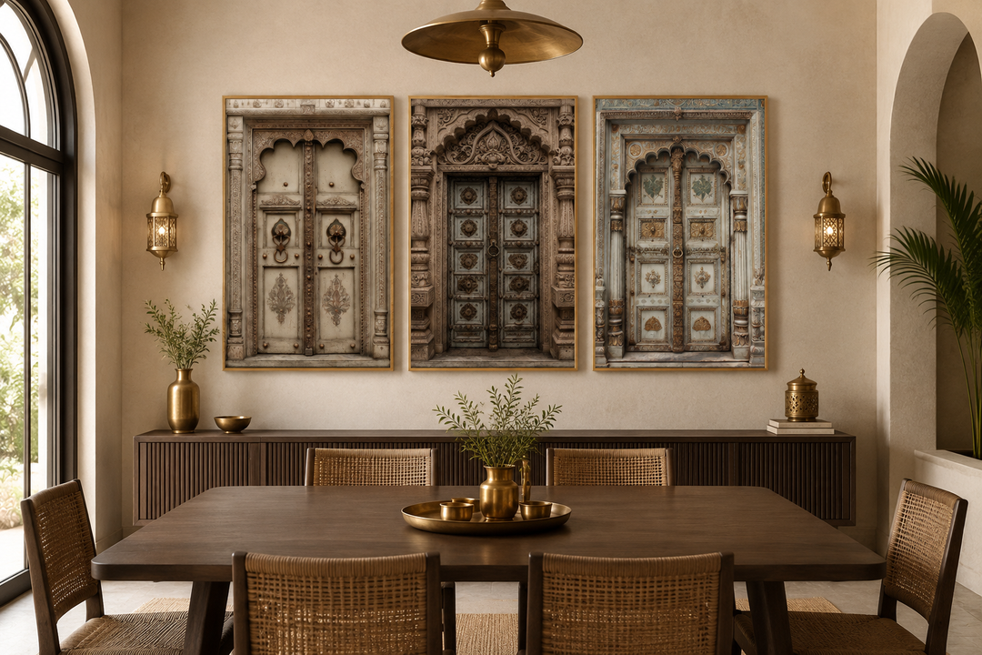 Set of 3 beige and gold Mughal-style Indian door canvas prints in a dining room setting.