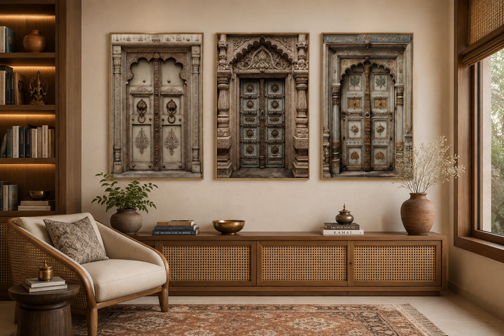 Set of 3 beige and gold Mughal-style Indian door canvas prints in a neutral living room setting.
