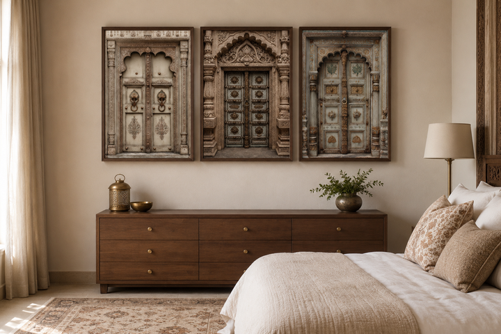 Set of 3 beige and gold Mughal-style Indian door canvas prints hanging above a wooden dresser.